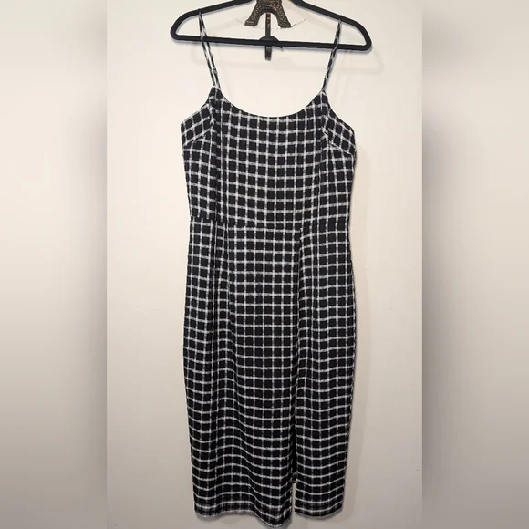 Dress the Population Shaireen Midi Dress Black White Plaid Bodycon Slit Size L - Picture 1 of 6